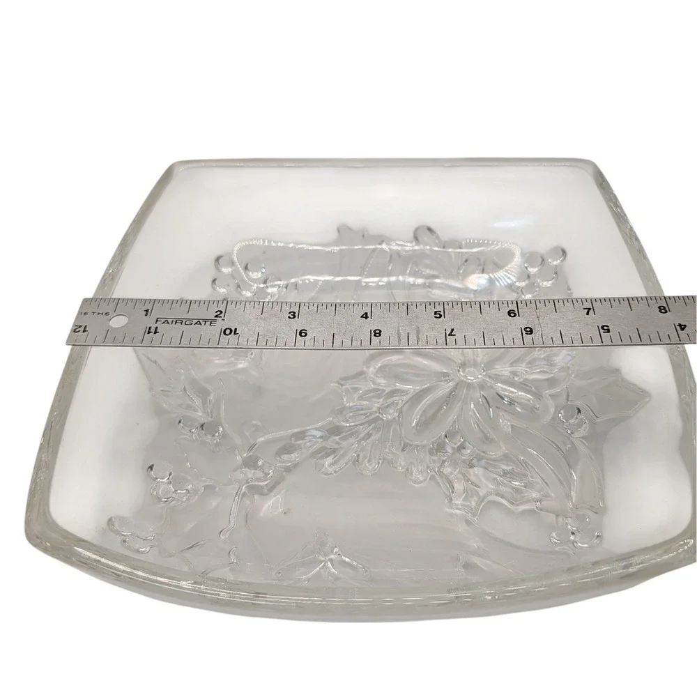 Vintage Gorham Crystal Square Bowl Dish Etched Cardinals Christmas Holly‎ Ribbon